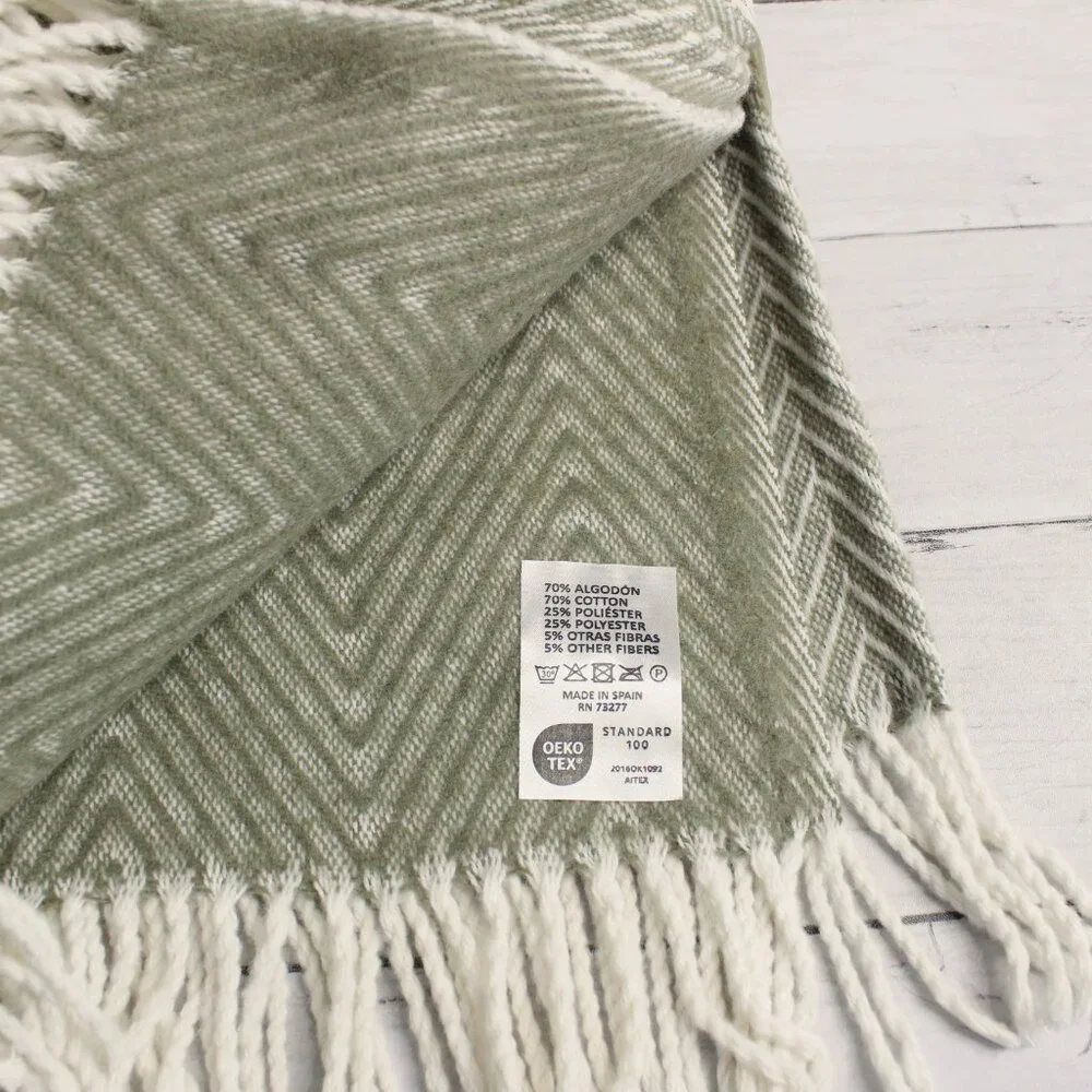 Made in Spain Throw Blanket Olive Green Cream Herringbone Fringe Cotton Blend